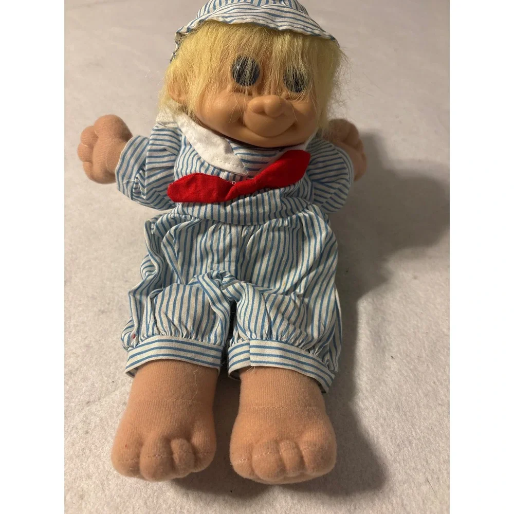 Vintage‎ Troll Doll Pajamas Red Bow Blonde Hair Blue Stripe